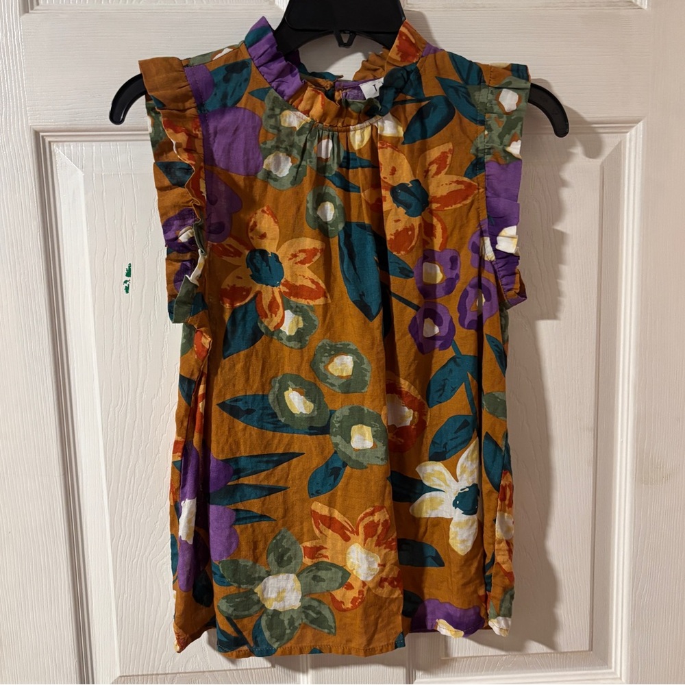 THML Romey Floral Ruffle Sleeve Sleeveless Top in Mustard Purple Green White Red